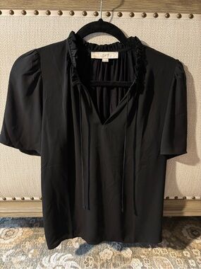LOFT Black Ruffled V-Neck Tie Blouse